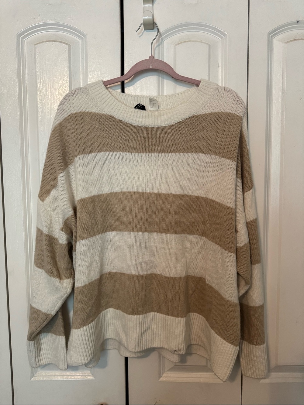 Divided Cream and Tan Striped Crew Sweater